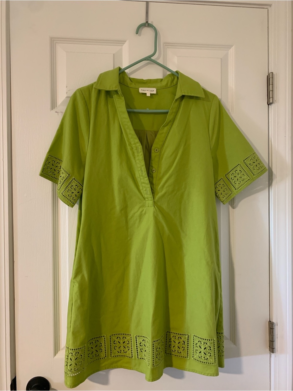 Bright Green Eyelet Hem Collared Women's Dress